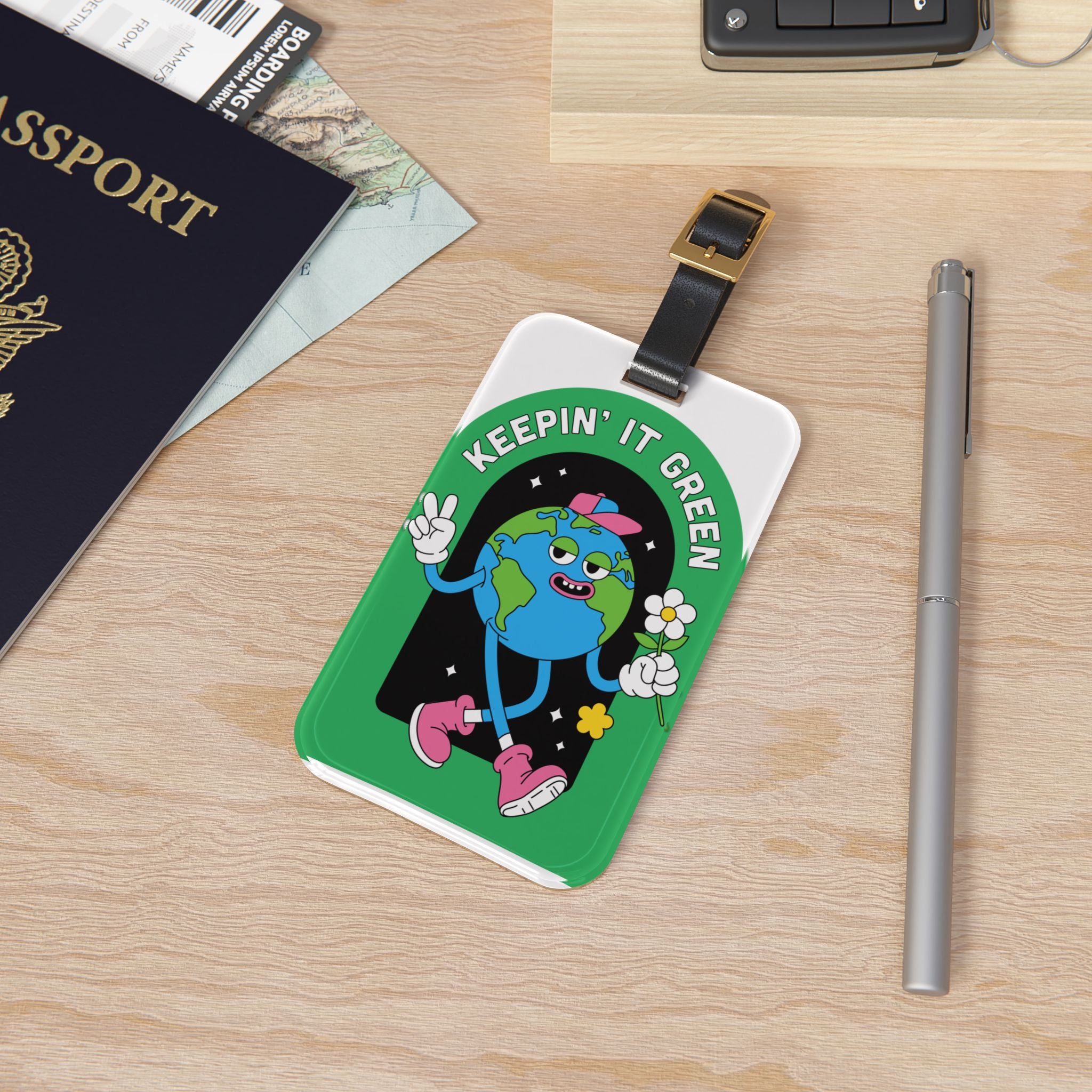 Keepin' It Green Luggage Tag — Cute Earth Cartoon Travel ID