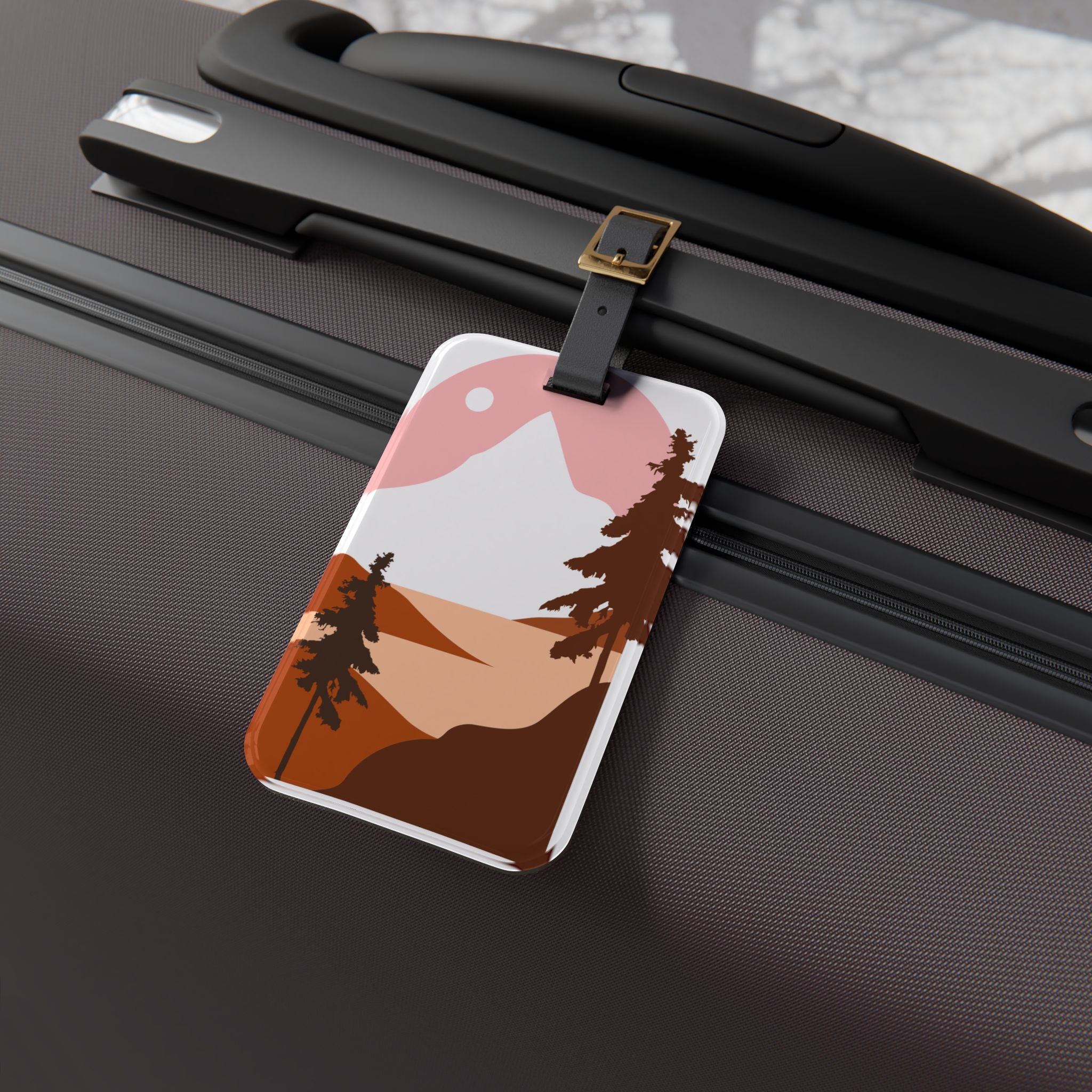 Scenic Sunset Mountains Luggage Tag — Retro Pink & Terracotta Travel ID
