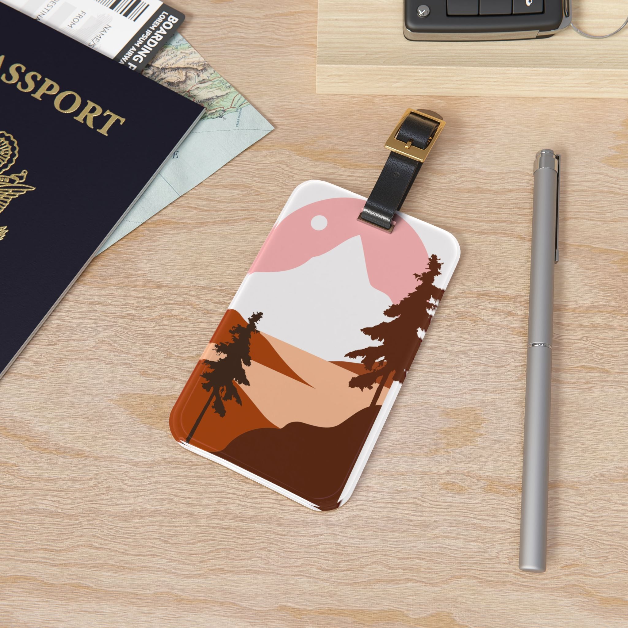 Scenic Sunset Mountains Luggage Tag — Retro Pink & Terracotta Travel ID