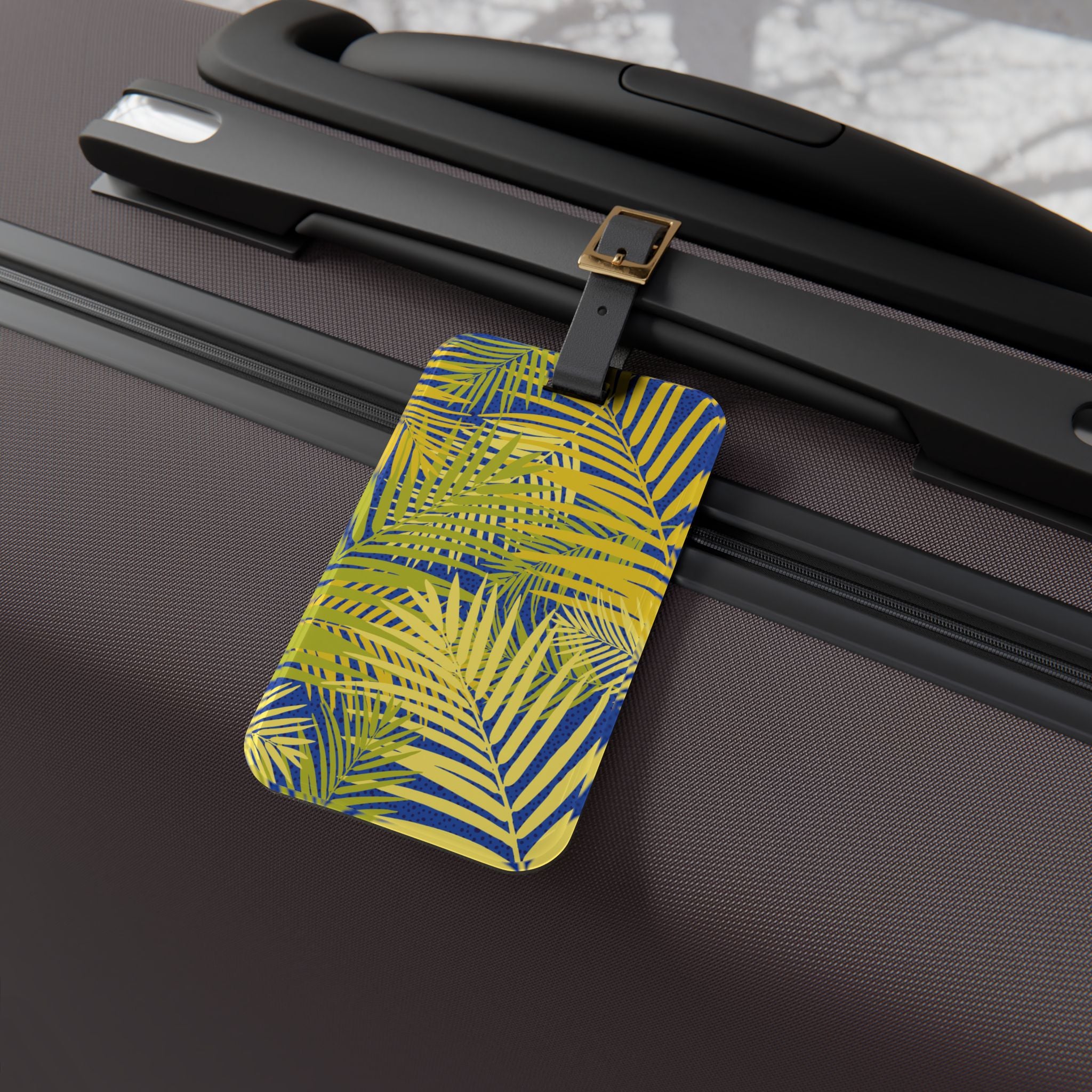 Tropical Palm Luggage Tag — Yellow Leaf Travel ID for Beach Vacations