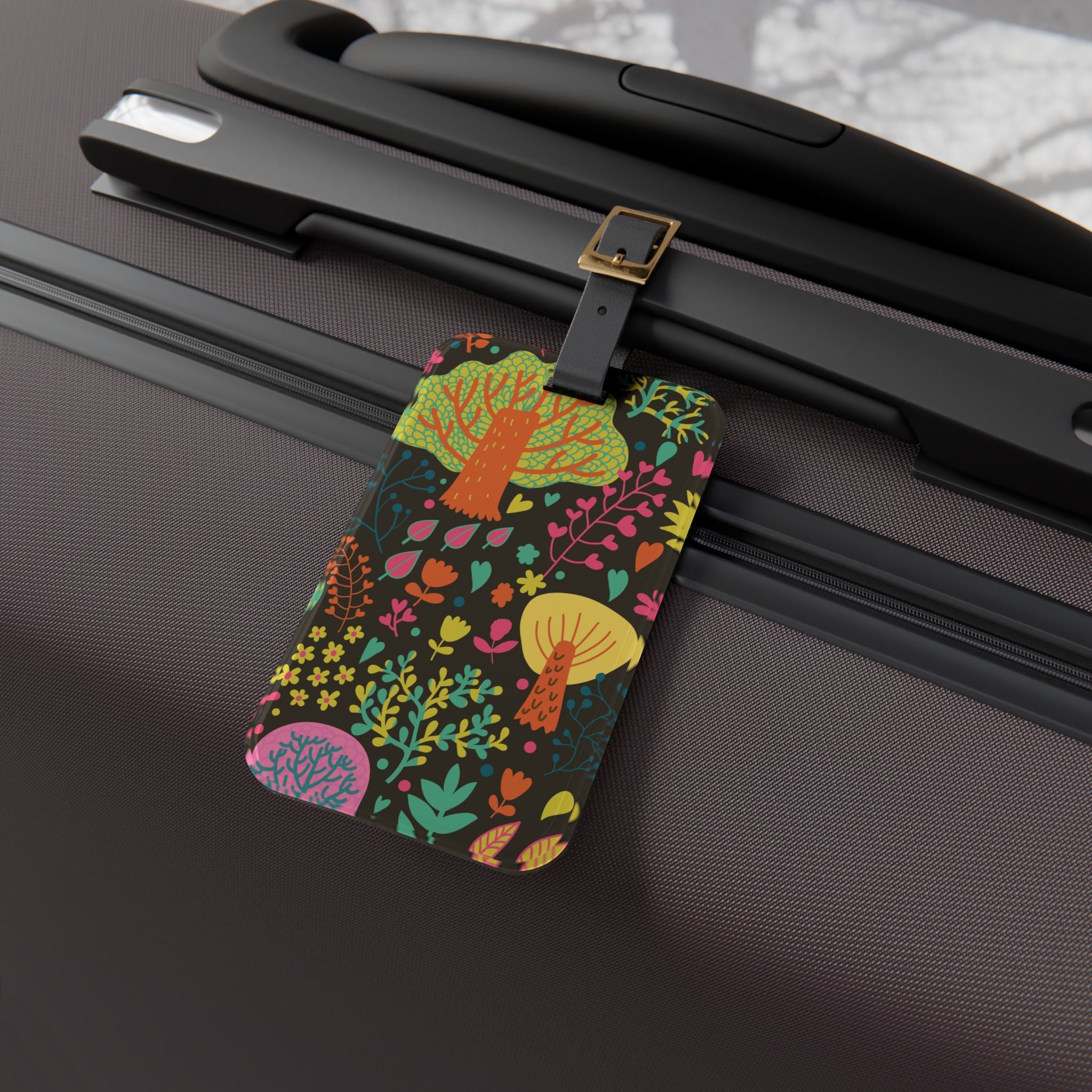 Colorful Forest Luggage Tag — Floral Mushroom Pattern Travel ID Tag