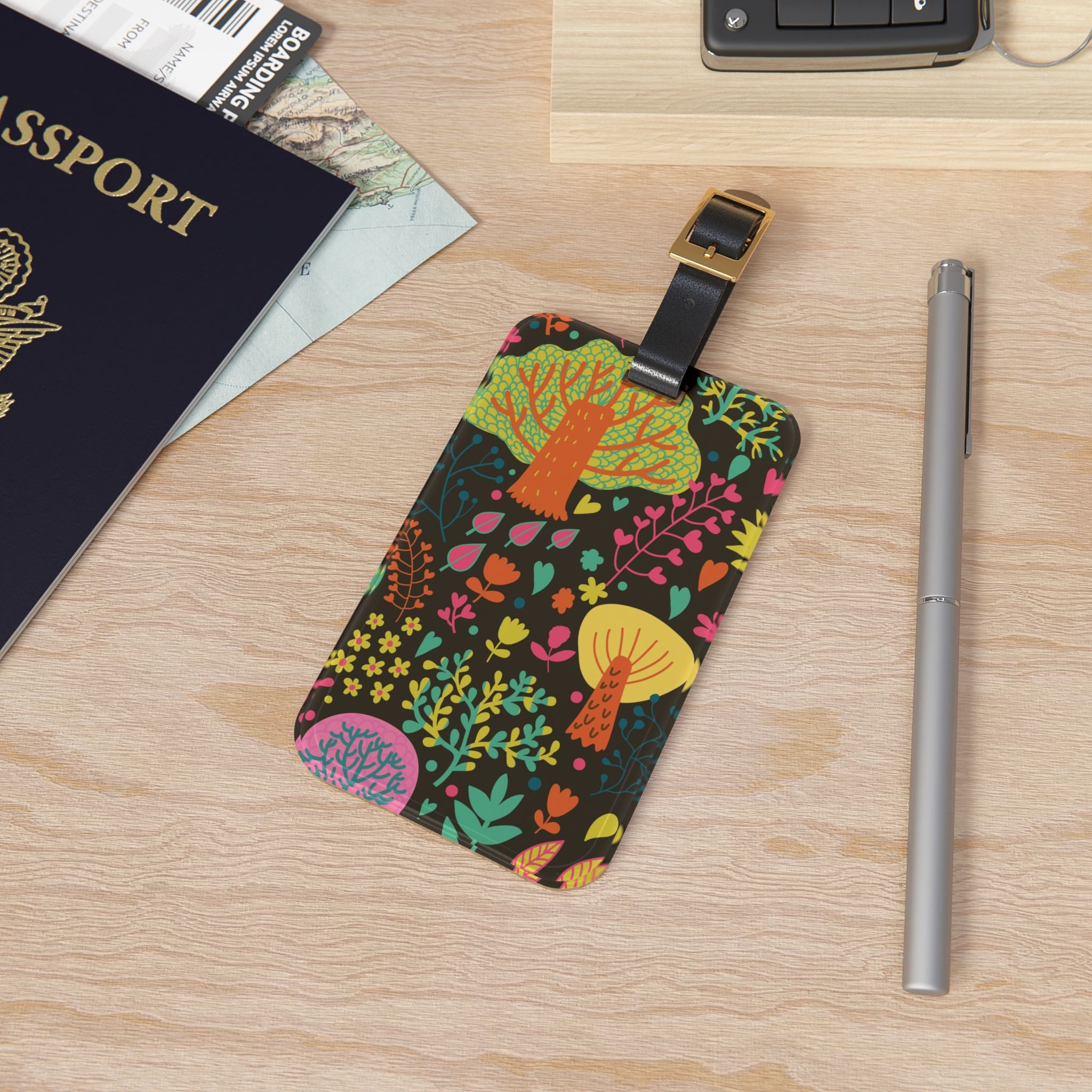 Colorful Forest Luggage Tag — Floral Mushroom Pattern Travel ID Tag