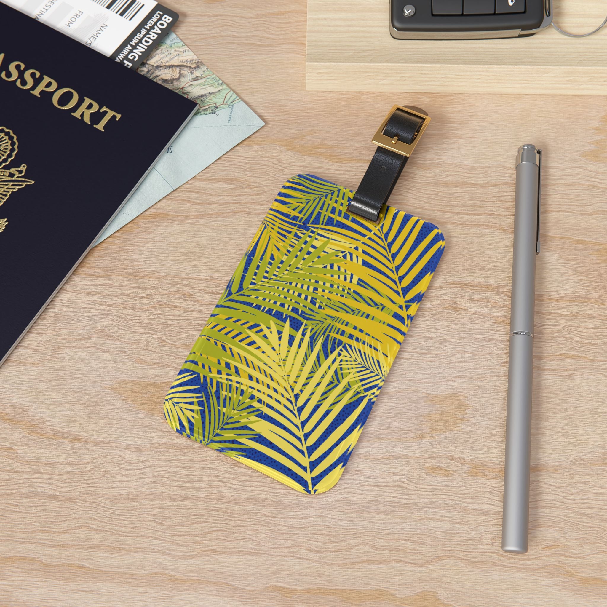 Tropical Palm Luggage Tag — Yellow Leaf Travel ID for Beach Vacations